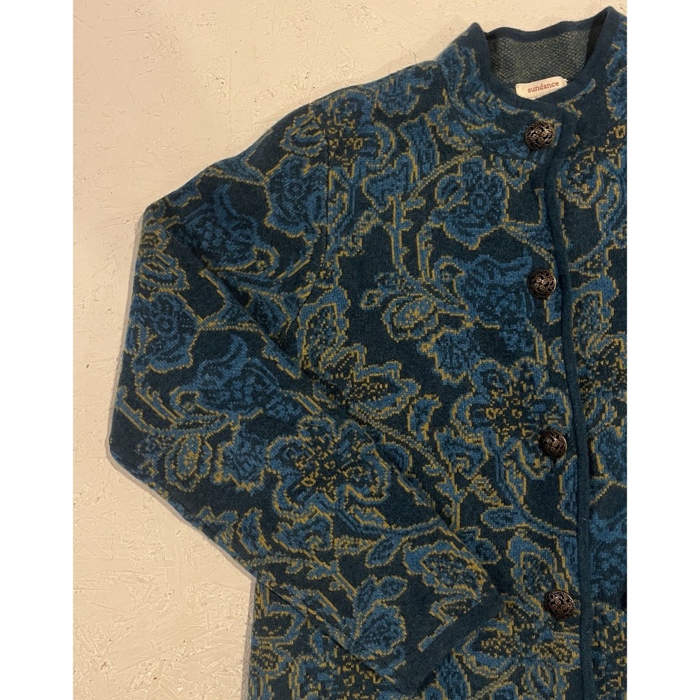 Sundance Sweater Coat Sea Moss Blue Green Size Medium Floral Merino Wool - Picture 4 of 11